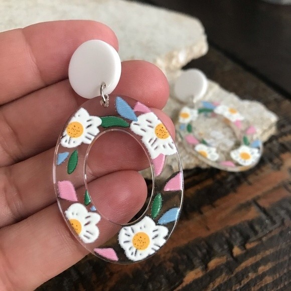 Floral Oval Resin Dangle Earrings NEW! 37O3 - Picture 8 of 11